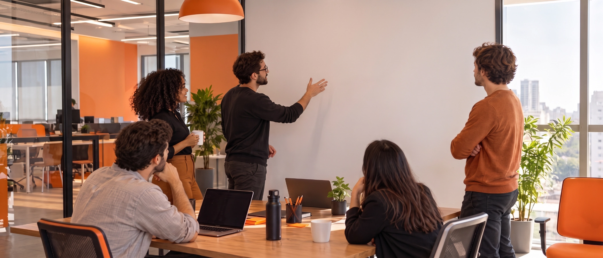 Equipe da MOTHERSHIP desenhando um fluxo de agentes de IA no quadro